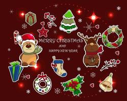 Holiday new year and christmas vector card.  Cute christmas characters on the deep red background. Text Merry Christmas and happy new year.