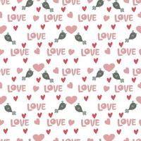 Valentines Day romantic seamless pattern with hearts and cute little birds. vector