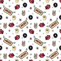 Vector hand drawn seamless pattern. Punk rock attributes,  stars, vinyls, red lips.