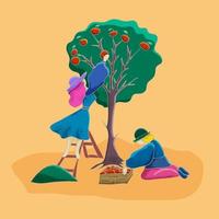 People harvest in the garden. Vector illustration.