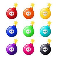 multi-colored bombs with skulls in a cartoon style. vector