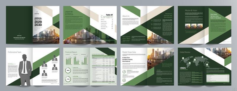 Corporate business presentation guide brochure template, Annual report, 16 page minimalist flat geometric business brochure design template, A4 size.