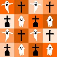 Halloween seamless background with Casper ghost, grave, tomb,cross. Orange tone box background. Colorful picture. Greeting, invitation card or flyer. Game backdrop. Vector illustration