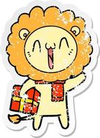 distressed sticker of a happy cartoon lion vector