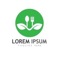 Health food logo, with leaves, spoon and fork. vector