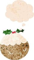 cute cartoon christmas pudding and thought bubble in retro textured style vector