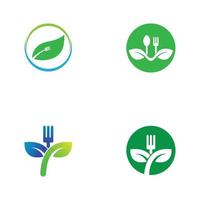 logotipo de alimentos saludables, con hojas, cuchara y tenedor. vector