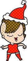 happy comic book style illustration of a girl wearing santa hat vector