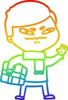 rainbow gradient line drawing cartoon angry man carrying parcel vector