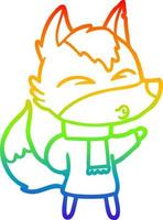 rainbow gradient line drawing cartoon wolf in winter clothes vector