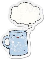 cartoon mug and thought bubble as a distressed worn sticker vector