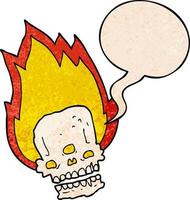 spooky cartoon flaming skull and speech bubble in retro texture style vector