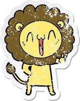 distressed sticker of a happy cartoon lion vector