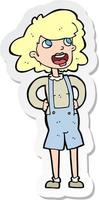 sticker of a cartoon woma in dungarees vector