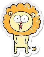 distressed sticker of a happy cartoon lion vector