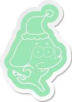 cartoon  sticker of a unsure elephant running away wearing santa hat vector