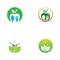 logotipo de alimentos saludables, con hojas, cuchara y tenedor. vector