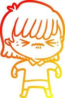 warm gradient line drawing annoyed cartoon girl vector