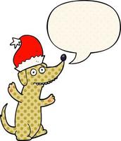 lindo perro de dibujos animados de navidad y burbuja de habla al estilo de un libro de historietas vector