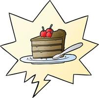 cartoon expensive slice of chocolate cake and speech bubble in smooth gradient style