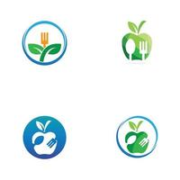 logotipo de alimentos saludables, con hojas, cuchara y tenedor. vector