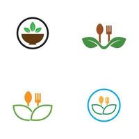 logotipo de alimentos saludables, con hojas, cuchara y tenedor. vector