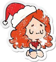 christmas distressed sticker cartoon of kawaii girl vector