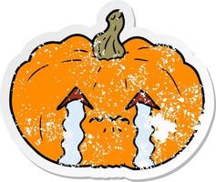 distressed sticker of a cartoon crying halloween pumpkin vector