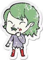 distressed sticker of a cartoon vampire girl with blood on cheek vector