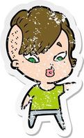 distressed sticker of a cartoon surprised girl vector