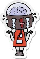 sticker of a cartoon crying robot shrugging shoulders in confusion vector