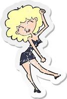 retro distressed sticker of a cartoon dancing woman vector