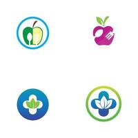 logotipo de alimentos saludables, con hojas, cuchara y tenedor.