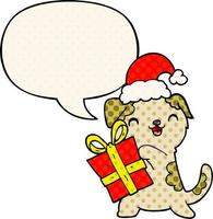 cute cartoon puppy and christmas present and hat and speech bubble in comic book style vector