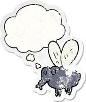 cartoon fly and thought bubble as a distressed worn sticker vector