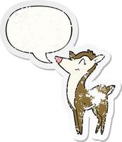 cartoon deer and speech bubble distressed sticker vector