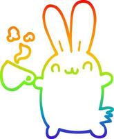 rainbow gradient line drawing cute cartoon rabbit drinking coffee vector