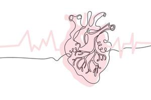 Heart Hand drawn icon continuous line drawing and pink flat silhouette. Human organs. Medicine trendy concept One single line design. Outline simple image black and white Vector