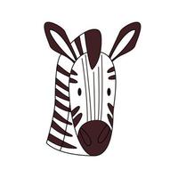 Cartoon zebra head isolated. Colored vector illustration of a zebra head with a stroke on a white background. Cute animal illustration.