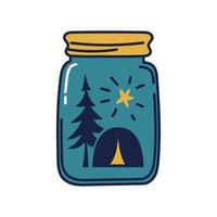 Glass jar with camping tent inside. A tent under a pine tree with a star on a blue background inside a closed jar. Conceptual vector illustration of tourism and outdoor recreation isolated.