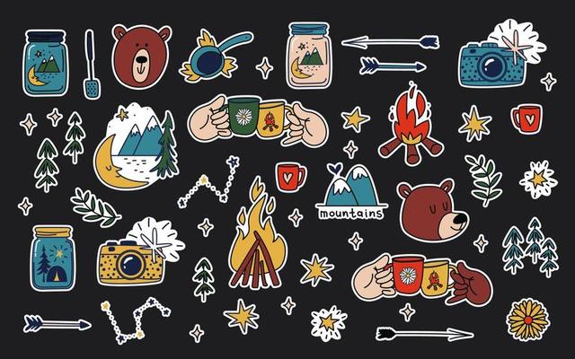 Camping stickers set. Hand drawn collection of colored elements of camping, outdoor recreation with cute bears. Cartoon vector illustration of tourism concept, wild adventures in nature on black.
