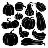 conjunto de siluetas negras de calabazas en blanco. una colección de calabazas de varias formas. ilustración de stock vectorial aislada sobre fondo blanco. vector