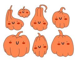 Set of cute orange pumpkins with eyes and a smile. Collection of adorable pumpkins with faces. Vector stock illustration isolated on white background.