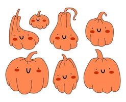 Set of cute orange pumpkins with eyes and a smile. Collection of adorable pumpkins with faces. Vector stock illustration isolated on white background.