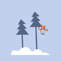 pinos de dibujos animados con una linterna en ramas en la nieve sobre un fondo azul. tarjeta de felicitación de navidad. ilustración de stock vectorial aislada vector