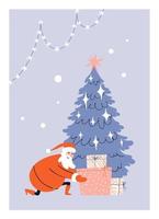 caricaturista santa pone una caja de regalo debajo del árbol de navidad con regalos. tarjeta de felicitación con papá noel. ilustración de stock vectorial aislada sobre fondo azul. vector