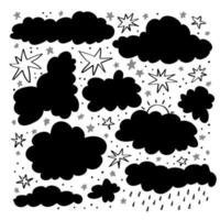 conjunto web de estrellas de garabatos y siluetas de nubes. nubes tormentosas, clima nublado. ilustración vectorial de siluetas de cielo dibujadas a mano sobre fondo blanco. vector