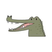 Cartoon crocodile head isolated. Colored vector illustration of an alligator head with a stroke on a white background. Illustration of an animal from the family of reptiles.