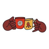 Hands hold red and yellow hiking mugs. Cartoon hands clink glasses. Vector stock illustration of a friendly camping concept isolated on white background.