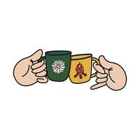 Hands hold green and yellow hiking mugs. Cartoon hands clink glasses. Vector stock illustration of a friendly camping concept isolated on white background.